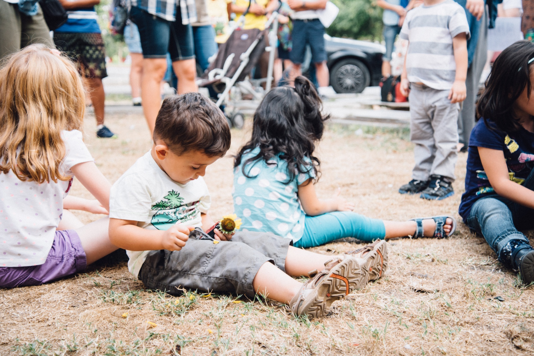 Romanian boy holding a sunflower at a community gathering
